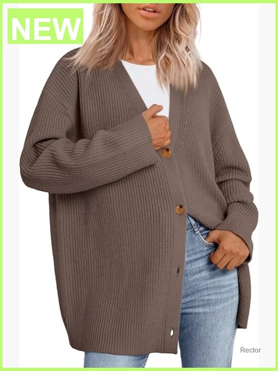 Sweaters - Oversized V-Neck Knit Cardigan with Button Front - 2025 Fall Trendy Top